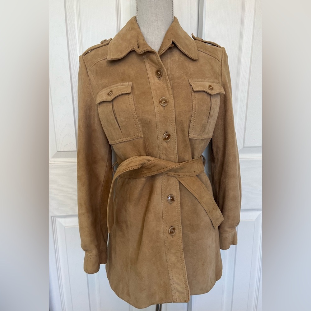 Elegant Tan 100%  Leather Suede Trench Coat
